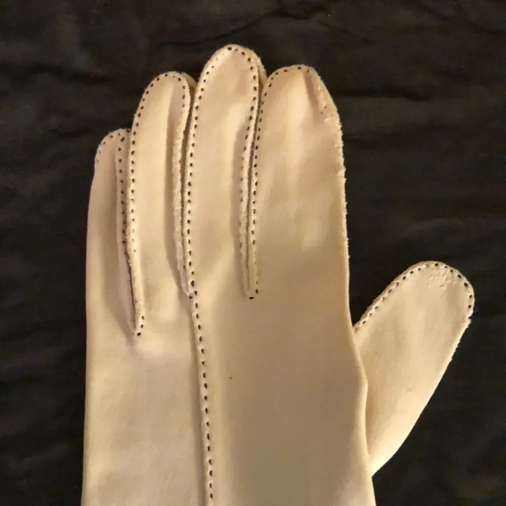 Vintage Ladies Cream Gloves Black Fringe Small